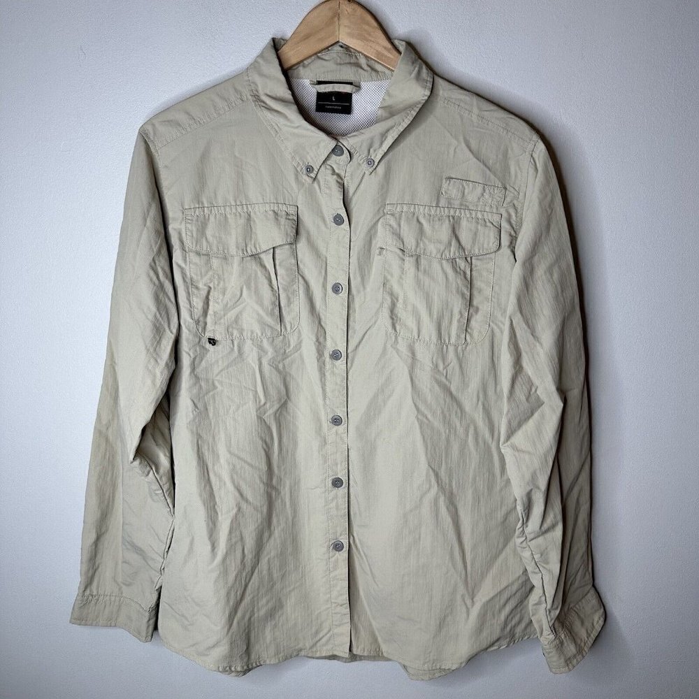 Baleaf Women's Nylon Activewear Shirt‎ Size L Long Sleeve Beige Botton Up Front